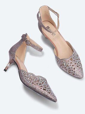 Women's Gun Glitter Rhinestones Low Kitten Heels Pumps Evening Dress Shoes